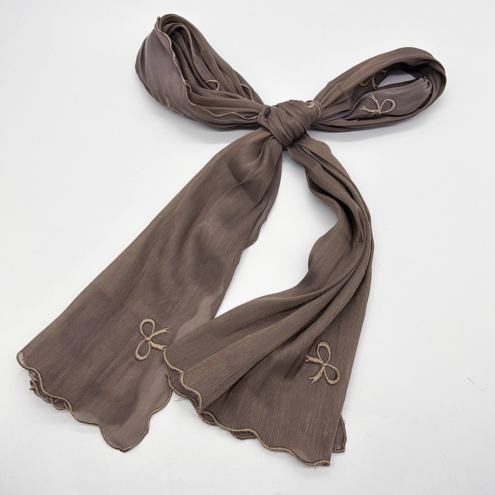 MH079 Smooth Wrinkled Silk Bow Embroidered Hijab