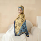 MH095 Printed Colorblock Geometric and Natural Floral Pattern Cotton and Linen Blend Shawl