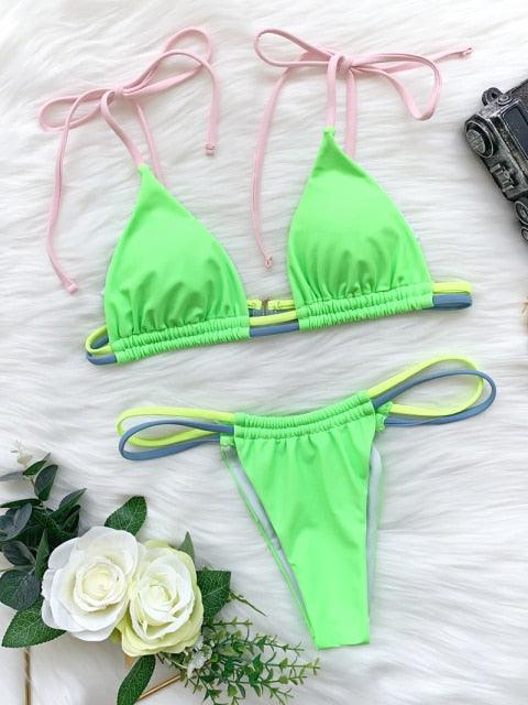 Micro Bikini Set For Women Black Blue Green Pink String Swimwear Women's Halter String Triangle Bikini Set Charming Swimwear Two Piece Swimsuit Women's Swimsuit Push Up Bathers Bathing Suit Bikinis Stevvex