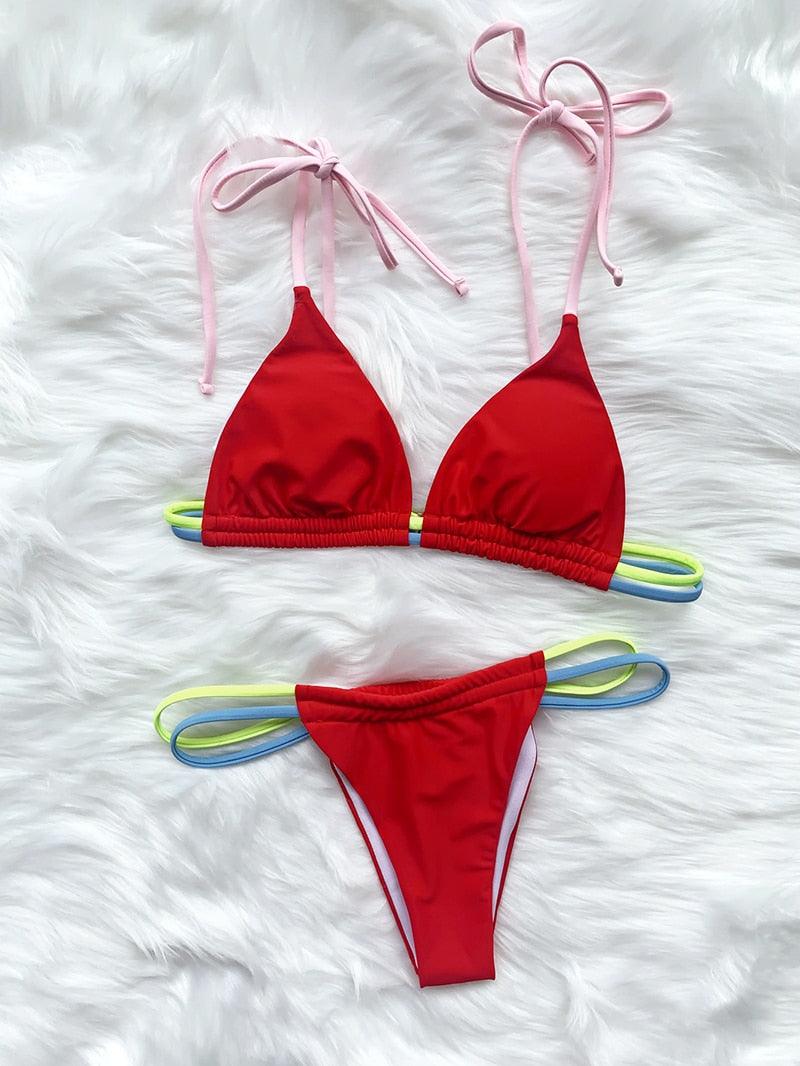 Micro Bikini Set For Women Black Blue Green Pink String Swimwear Women's Halter String Triangle Bikini Set Charming Swimwear Two Piece Swimsuit Women's Swimsuit Push Up Bathers Bathing Suit Bikinis Stevvex
