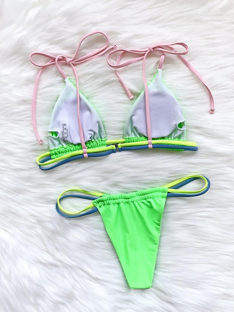 Micro Bikini Set For Women Black Blue Green Pink String Swimwear Women's Halter String Triangle Bikini Set Charming Swimwear Two Piece Swimsuit Women's Swimsuit Push Up Bathers Bathing Suit Bikinis Stevvex