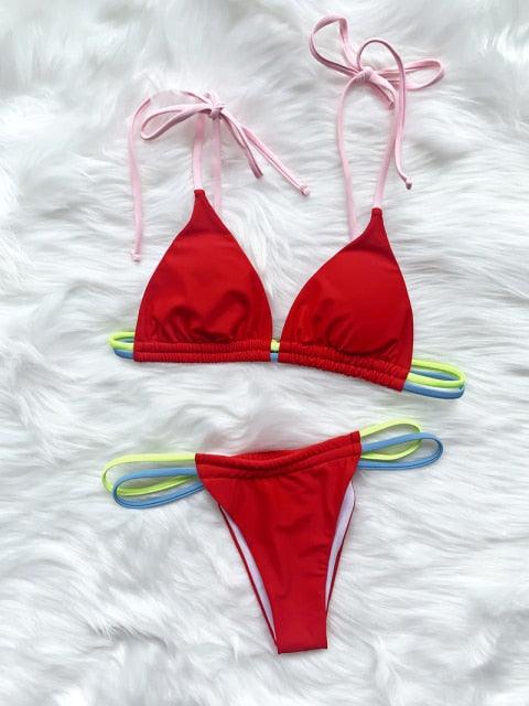 Micro Bikini Set For Women Black Blue Green Pink String Swimwear Women's Halter String Triangle Bikini Set Charming Swimwear Two Piece Swimsuit Women's Swimsuit Push Up Bathers Bathing Suit Bikinis Stevvex