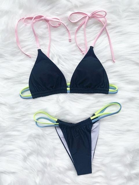 Micro Bikini Set For Women Black Blue Green Pink String Swimwear Women's Halter String Triangle Bikini Set Charming Swimwear Two Piece Swimsuit Women's Swimsuit Push Up Bathers Bathing Suit Bikinis Stevvex