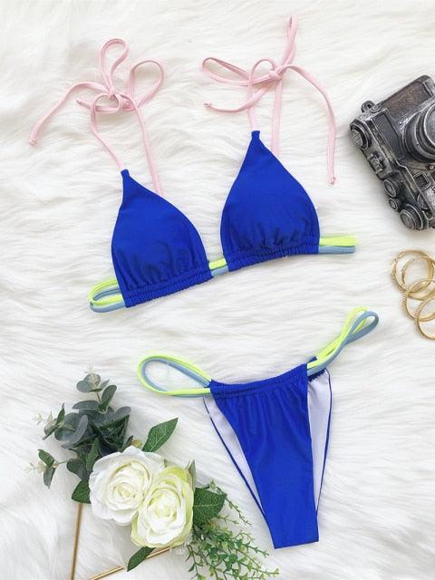 Micro Bikini Set For Women Black Blue Green Pink String Swimwear Women's Halter String Triangle Bikini Set Charming Swimwear Two Piece Swimsuit Women's Swimsuit Push Up Bathers Bathing Suit Bikinis Stevvex