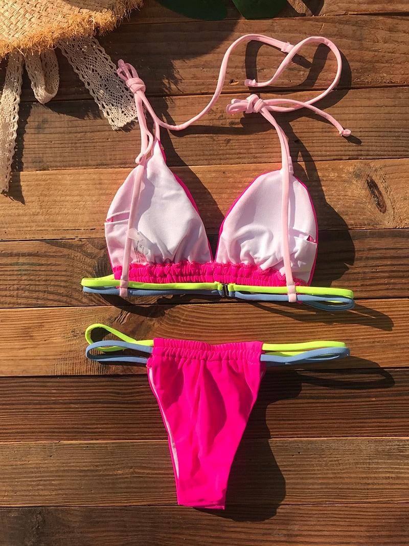 Micro Bikini Set For Women Black Blue Green Pink String Swimwear Women's Halter String Triangle Bikini Set Charming Swimwear Two Piece Swimsuit Women's Swimsuit Push Up Bathers Bathing Suit Bikinis Stevvex