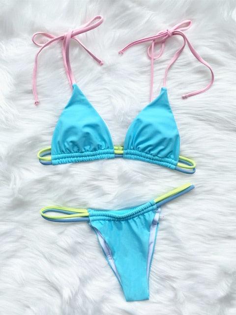 Micro Bikini Set For Women Black Blue Green Pink String Swimwear Women's Halter String Triangle Bikini Set Charming Swimwear Two Piece Swimsuit Women's Swimsuit Push Up Bathers Bathing Suit Bikinis Stevvex