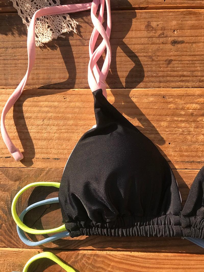 Micro Bikini Set For Women Black Blue Green Pink String Swimwear Women's Halter String Triangle Bikini Set Charming Swimwear Two Piece Swimsuit Women's Swimsuit Push Up Bathers Bathing Suit Bikinis Stevvex