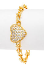 Micro CZ Pave Heart Charm Paperclip Chain Gold Bracelet