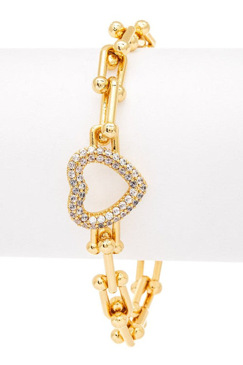 Micro Pave Heart Paperclip Bracelet Gold Plated 7 Inch