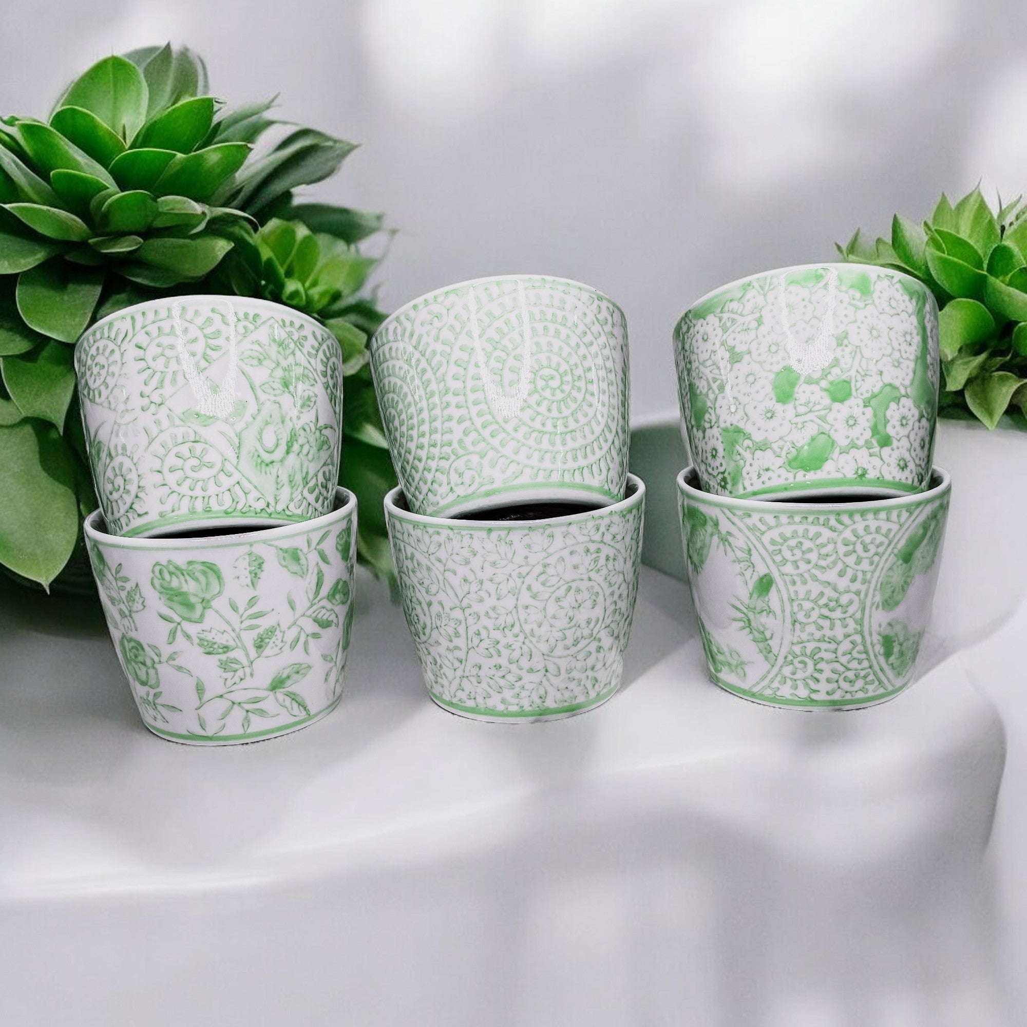 Mini Green Porcelain Cachepots Set Of 6 Hand-Painted Decorative Planters
