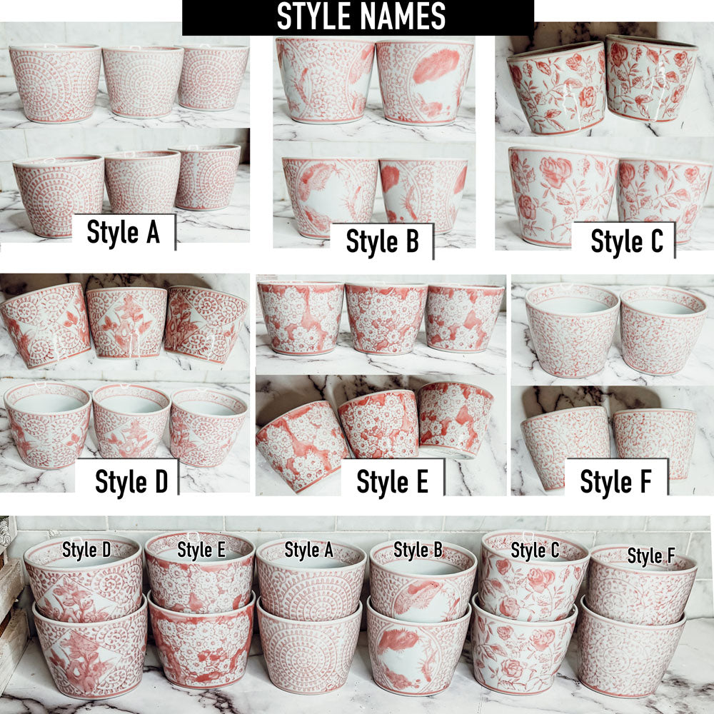 Mini Pink Hand-Painted Porcelain Cachepots Set Of 6 Decorative Planters BandsCo Straps