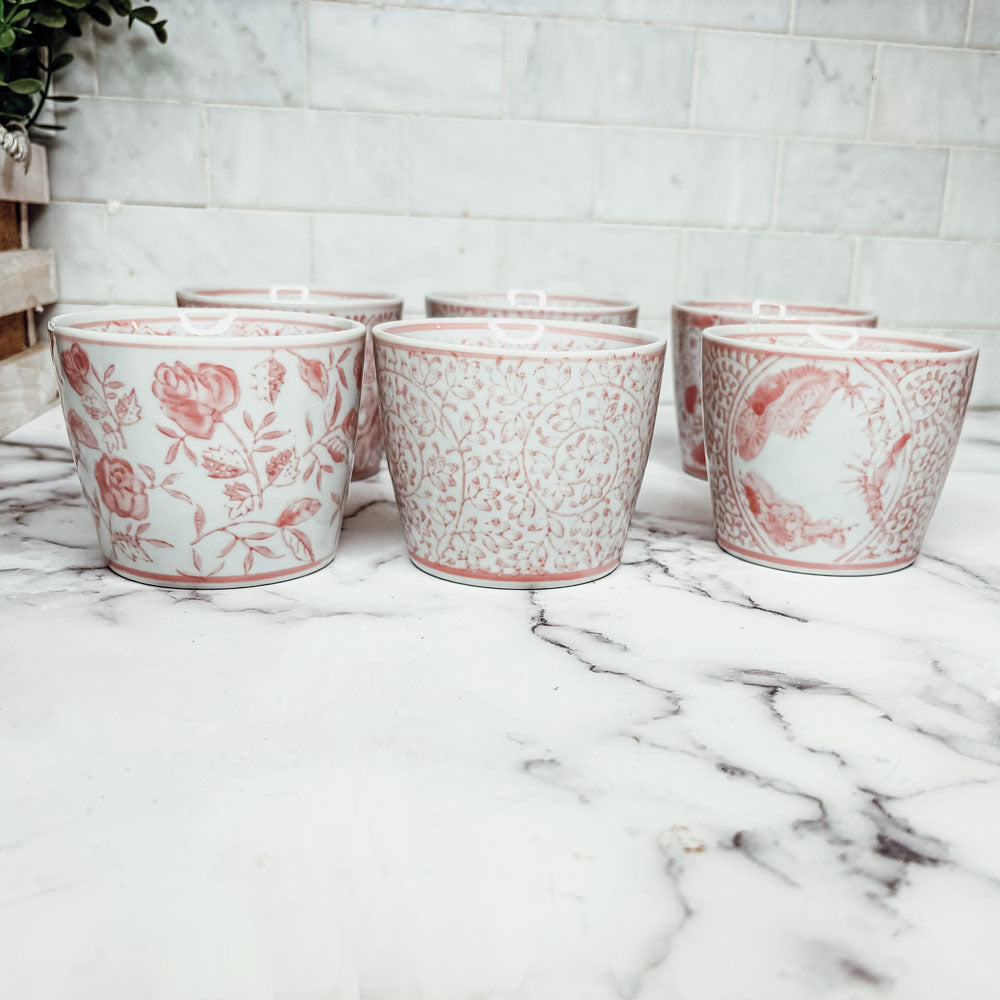 Mini Pink Hand-Painted Porcelain Cachepots Set Of 6 Decorative Planters BandsCo Straps