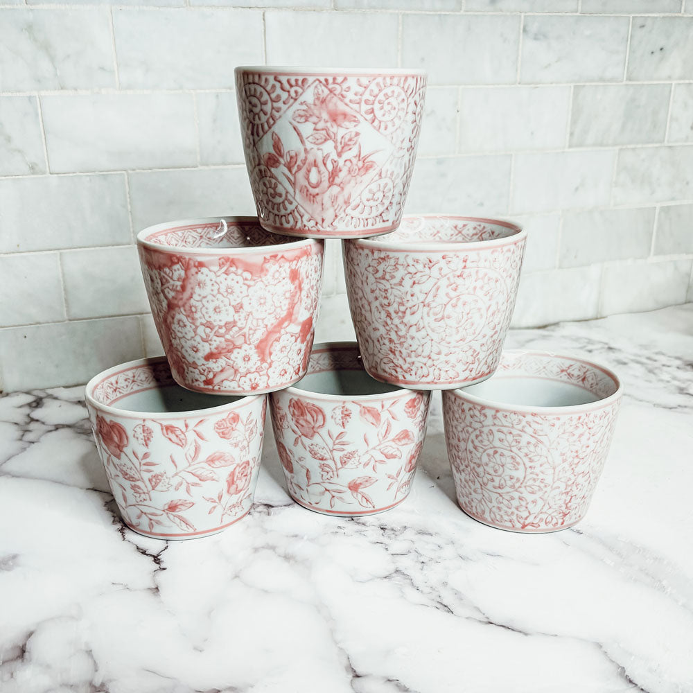 Mini Pink Hand-Painted Porcelain Cachepots Set Of 6 Decorative Planters BandsCo Straps