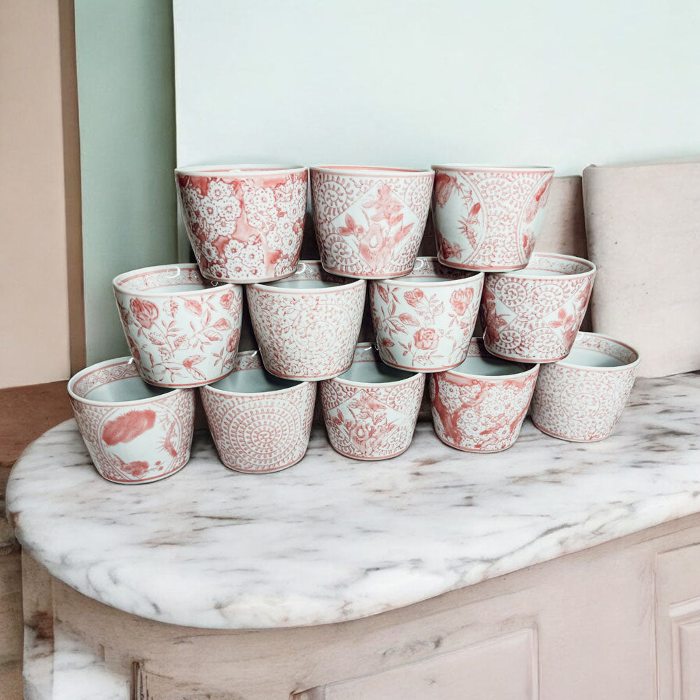 Mini Pink Hand-Painted Porcelain Cachepots Set Of 6 Decorative Planters BandsCo Straps