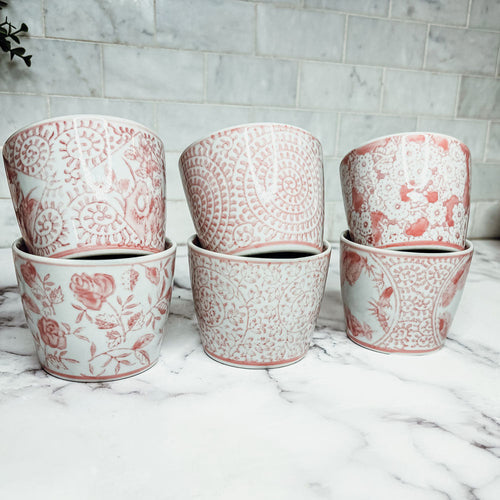 Mini Pink Hand-Painted Porcelain Cachepots Set Of 6 Decorative Planters BandsCo Straps