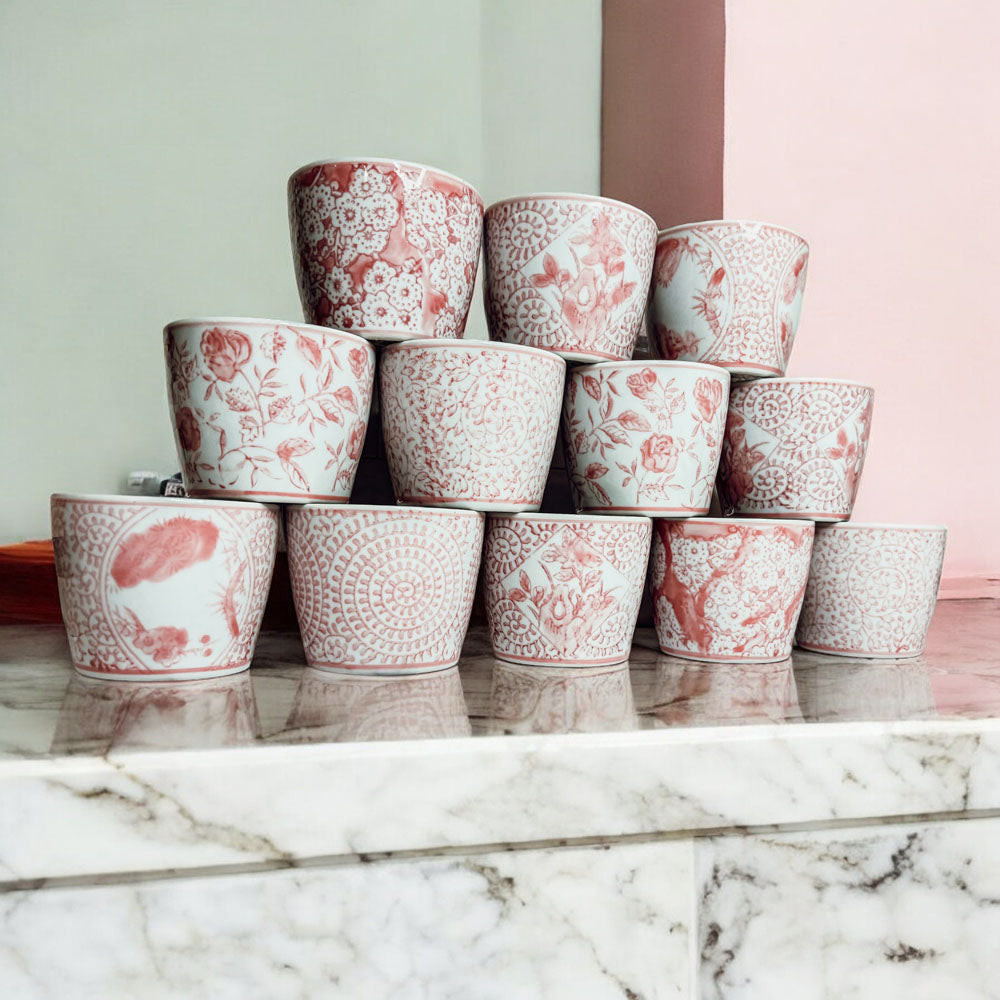 Mini Pink Hand-Painted Porcelain Cachepots Set Of 6 Decorative Planters BandsCo Straps