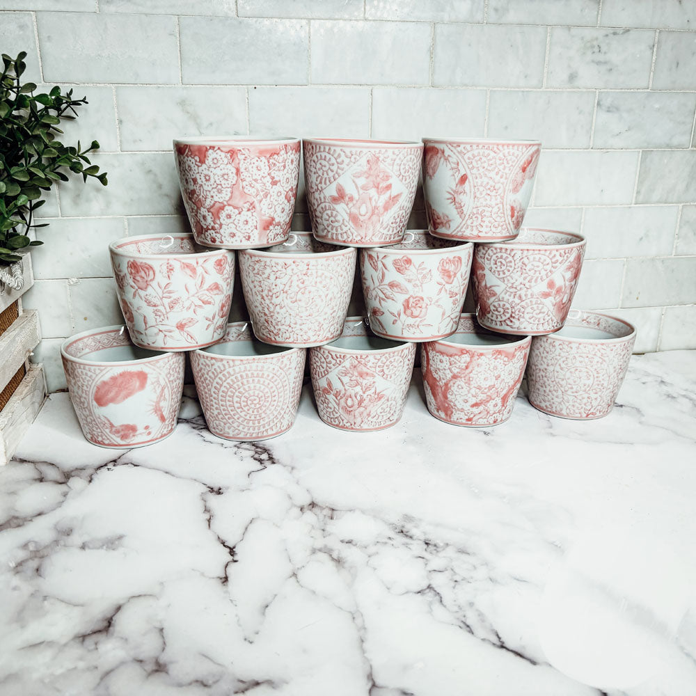 Mini Pink Hand-Painted Porcelain Cachepots Set Of 6 Decorative Planters BandsCo Straps