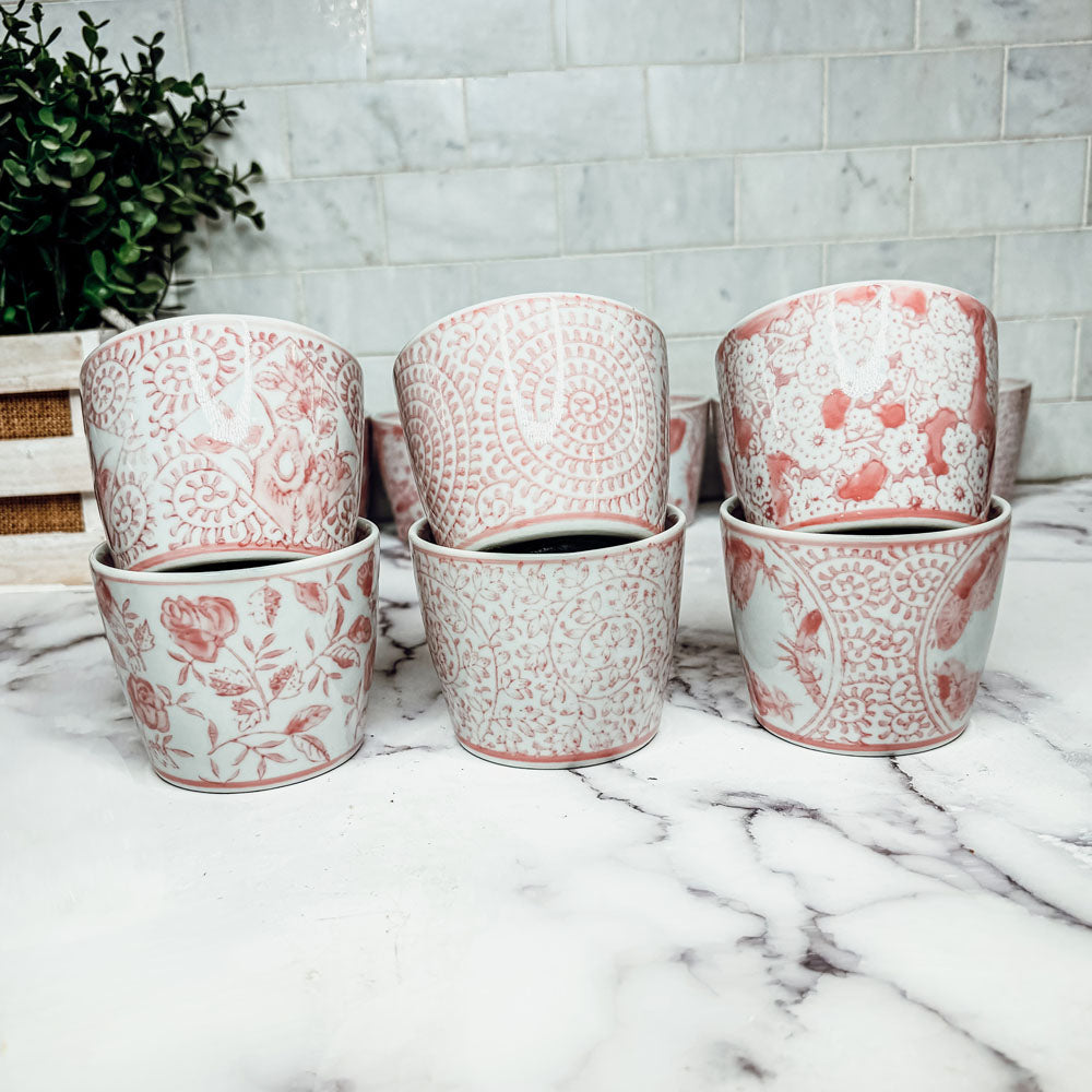 Mini Pink Hand-Painted Porcelain Cachepots Set Of 6 Decorative Planters BandsCo Straps