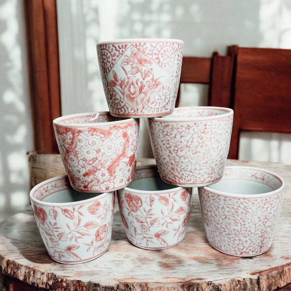 Mini Pink Hand-Painted Porcelain Cachepots Set Of 6 Decorative Planters BandsCo Straps