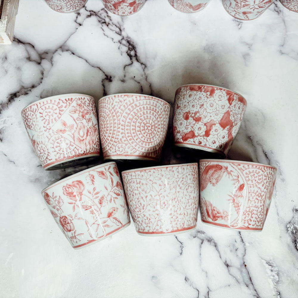 Mini Pink Hand-Painted Porcelain Cachepots Set Of 6 Decorative Planters BandsCo Straps