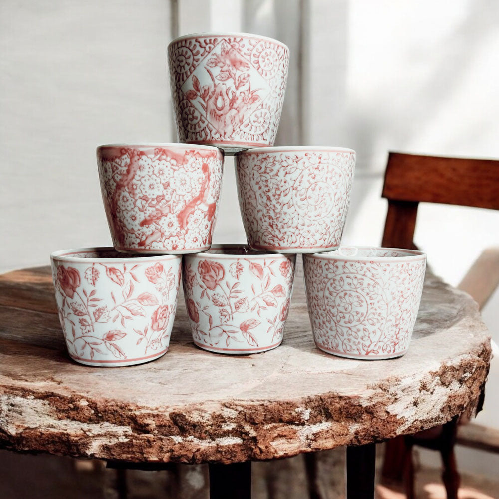 Mini Pink Hand-Painted Porcelain Cachepots Set Of 6 Decorative Planters BandsCo Straps