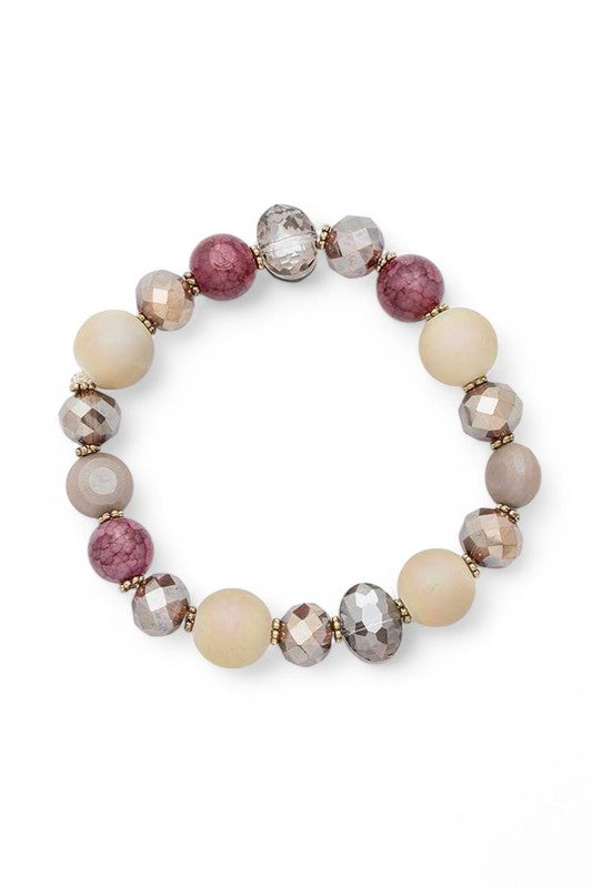 Mixed Bead Stretch Bracelet Pink Beige Gemstone Elastic
