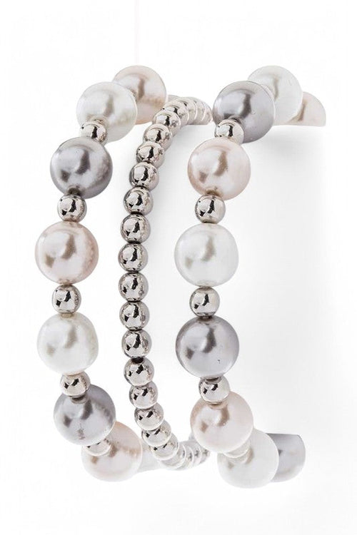 Mixed Pearl Stretch Bracelet Set 3 Pack Gold Accent