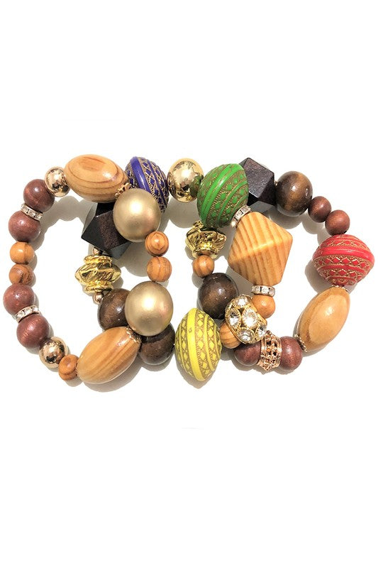 Mixed Wooden Bead Stretch Bracelet Set Boho Stack Style