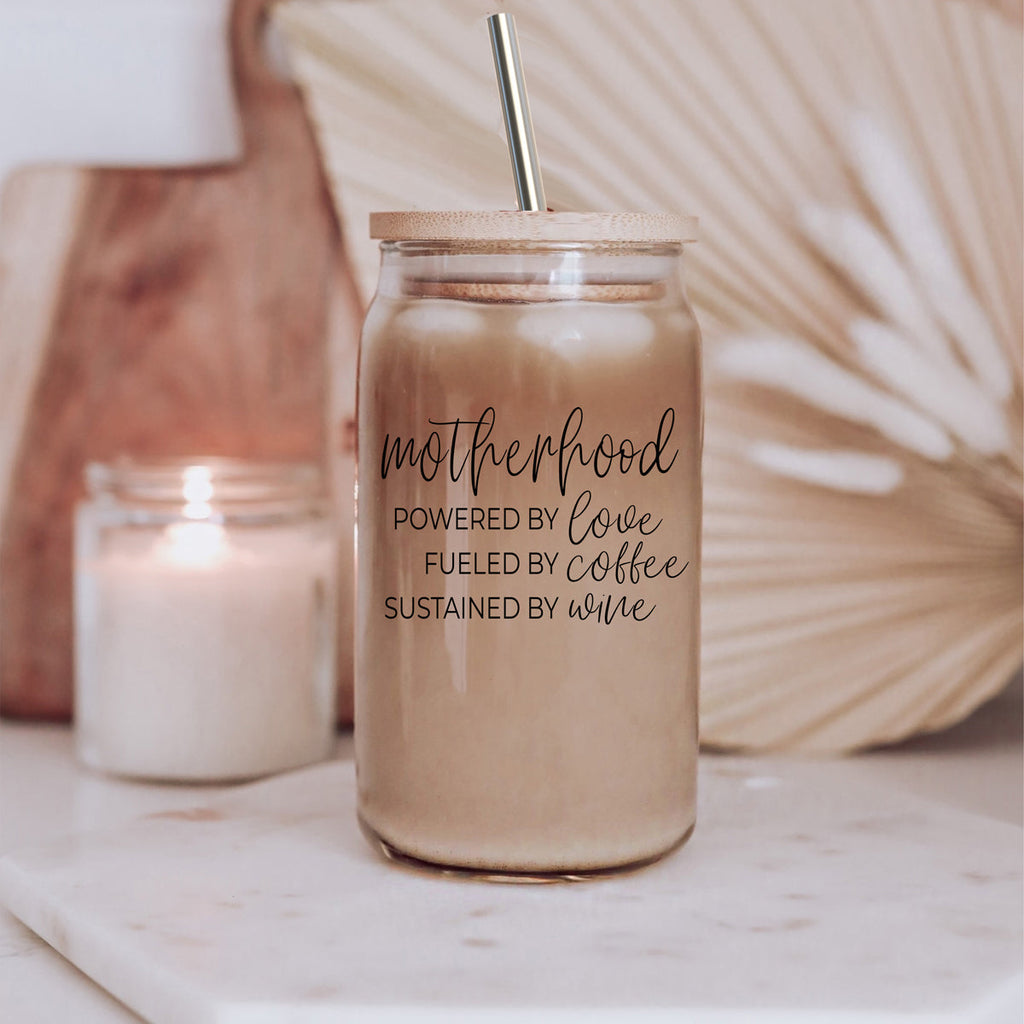 Motherhood Definition 17oz Glass Tumbler With Bamboo Lid And 2 Stainless Straws BandsCo Straps