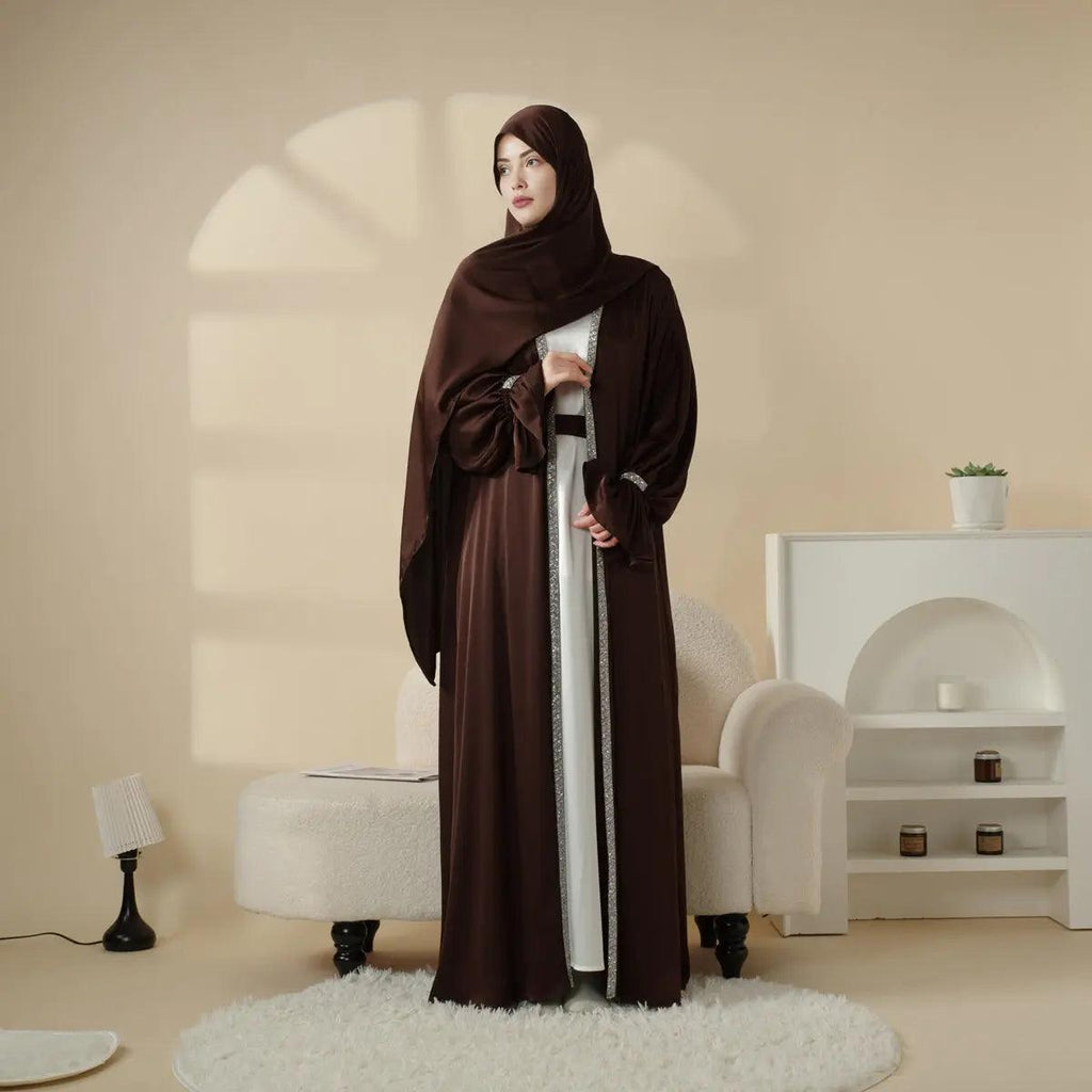 Poet Sleeve Satin Open Abaya With Matching Belt and Hijab (MOA009) Mariam's Collection