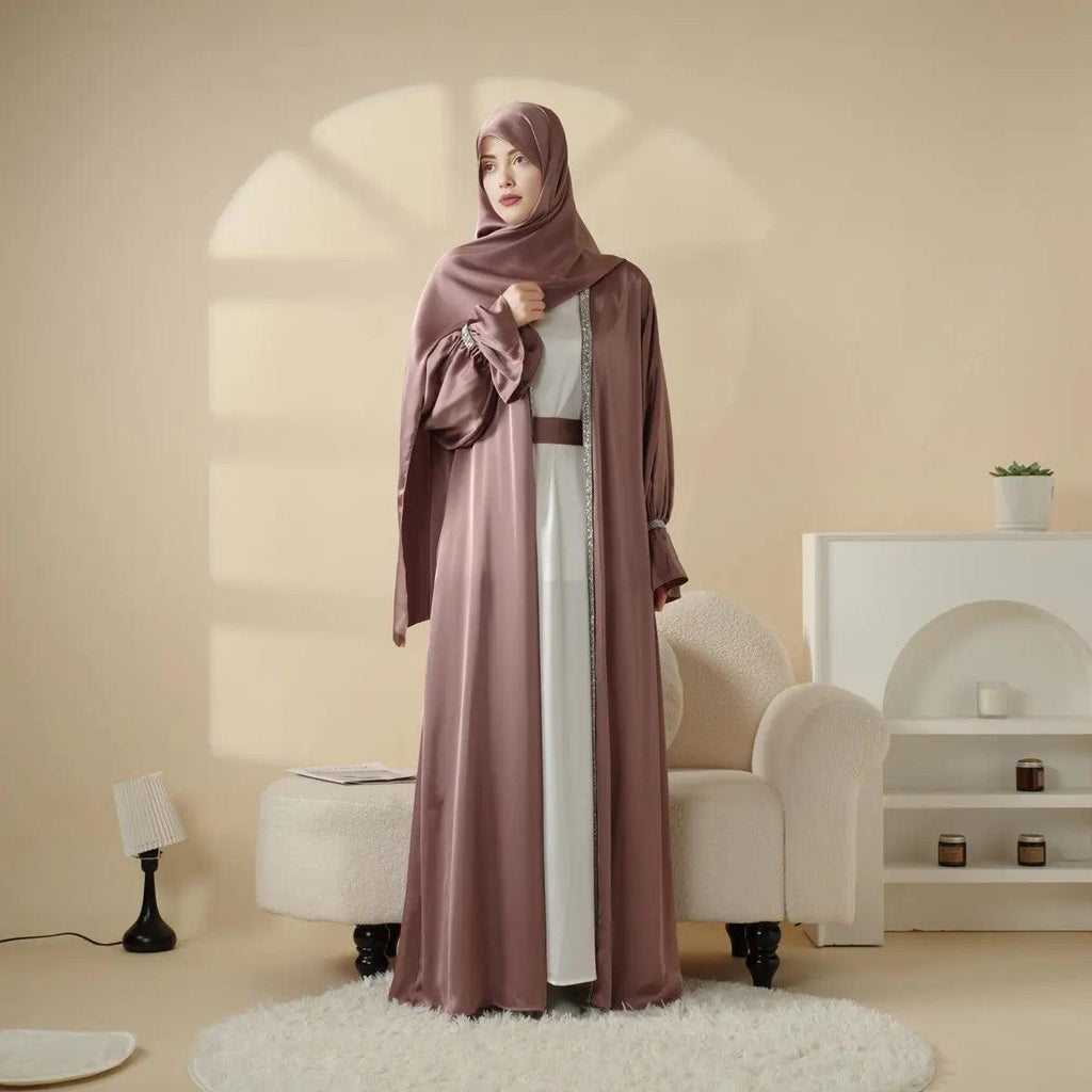 Poet Sleeve Satin Open Abaya With Matching Belt and Hijab (MOA009) Mariam's Collection
