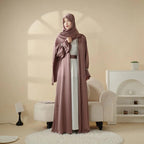 Poet Sleeve Satin Open Abaya With Matching Belt and Hijab (MOA009) Mariam's Collection
