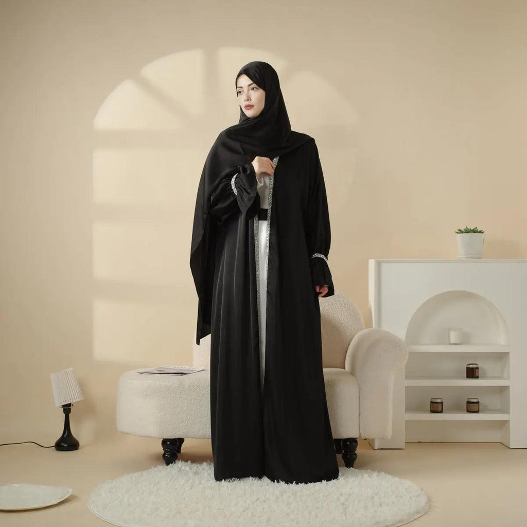 Poet Sleeve Satin Open Abaya With Matching Belt and Hijab (MOA009) Mariam's Collection