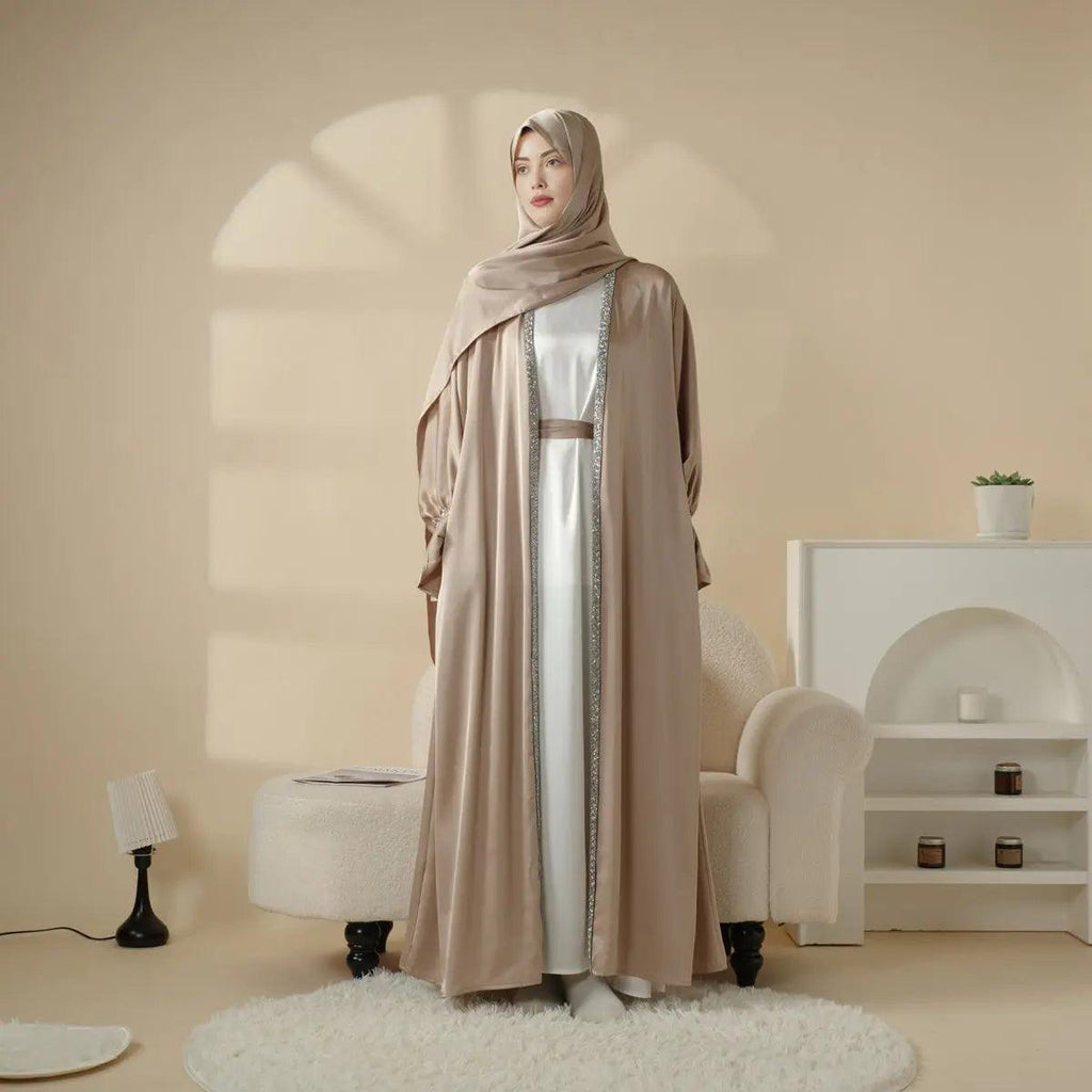 Poet Sleeve Satin Open Abaya With Matching Belt and Hijab (MOA009) Mariam's Collection