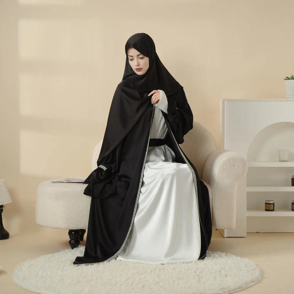Poet Sleeve Satin Open Abaya With Matching Belt and Hijab (MOA009) Mariam's Collection