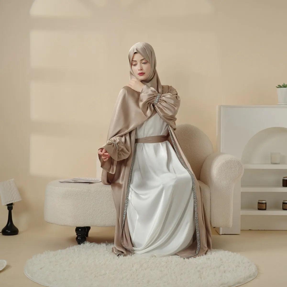 Poet Sleeve Satin Open Abaya With Matching Belt and Hijab (MOA009) Mariam's Collection