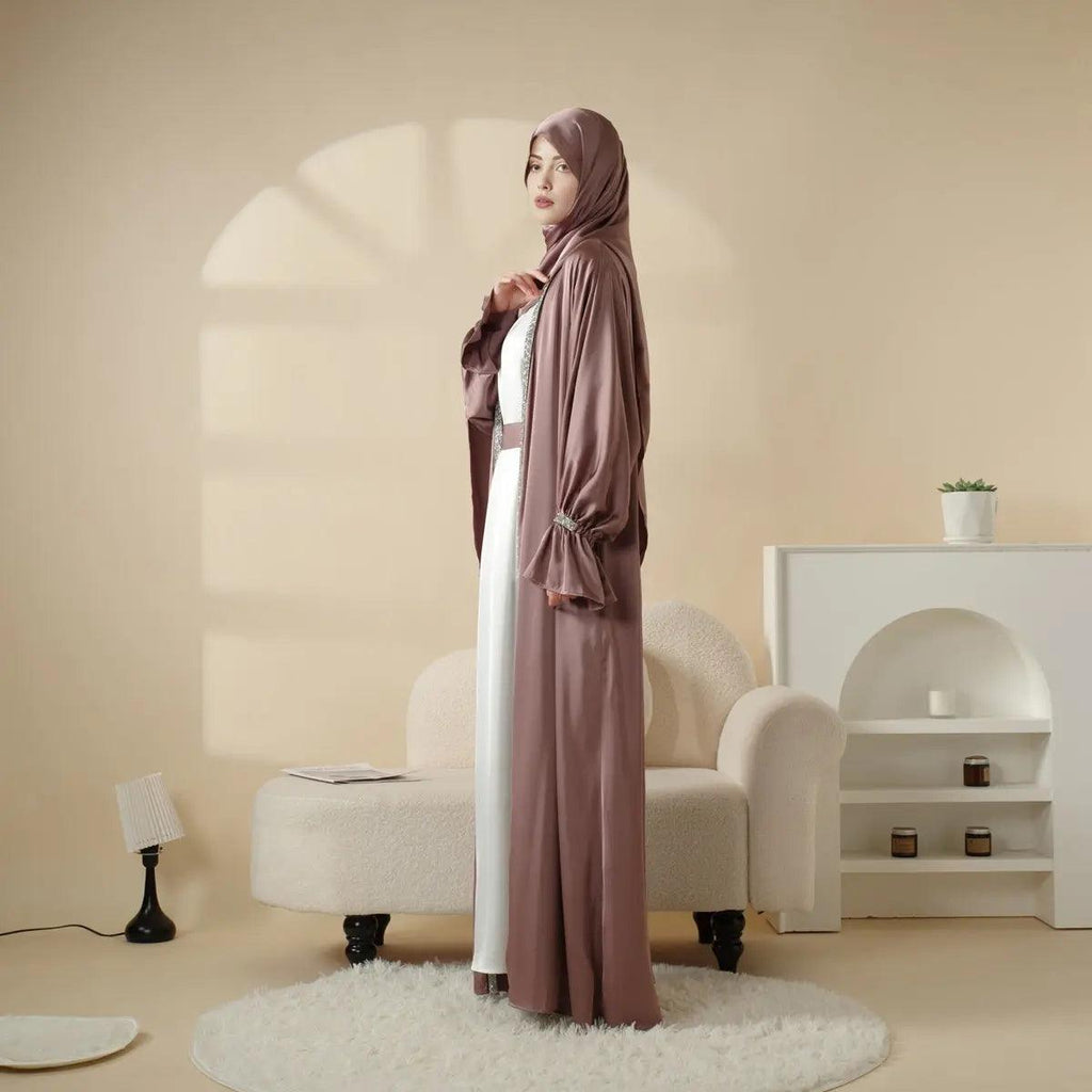 Poet Sleeve Satin Open Abaya With Matching Belt and Hijab (MOA009) Mariam's Collection