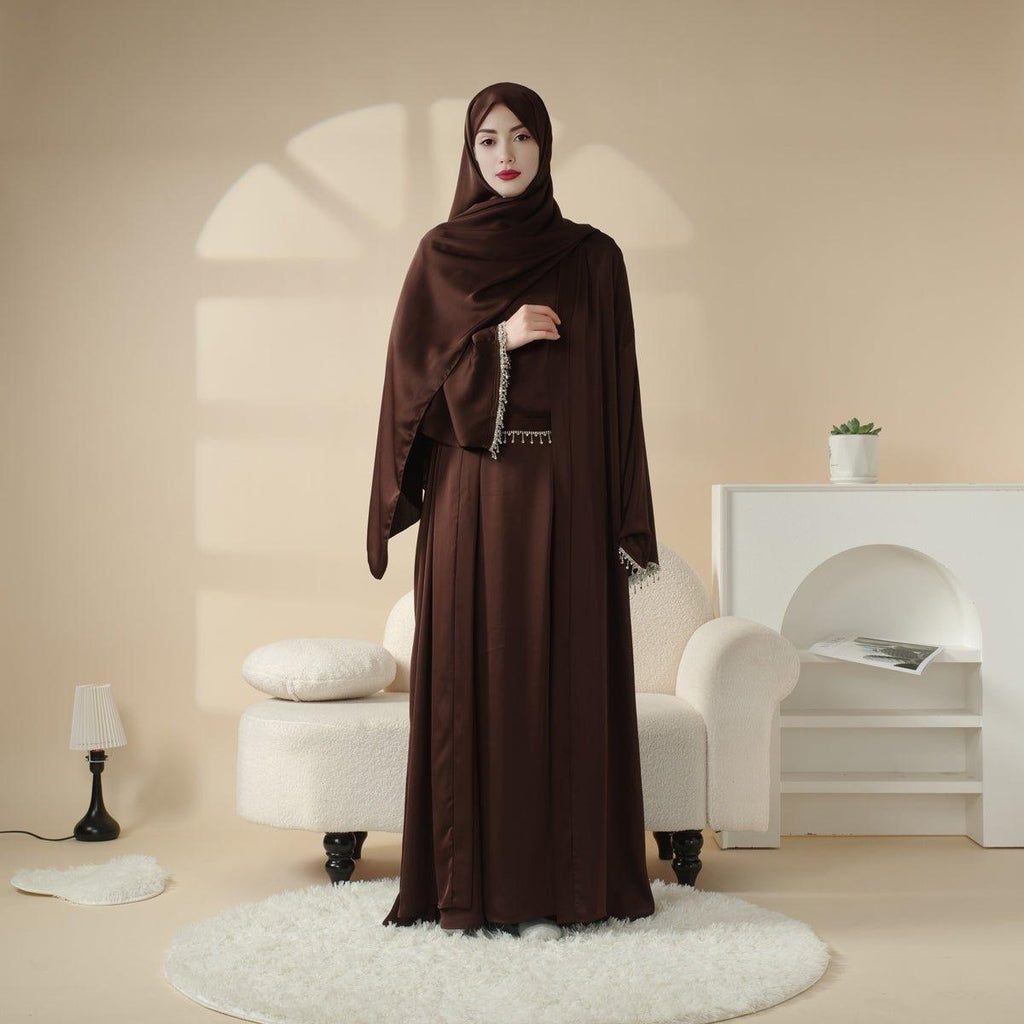Satin Abaya With Matching Belt Made Of Diamond Tassel (MOA010) Mariam's Collection