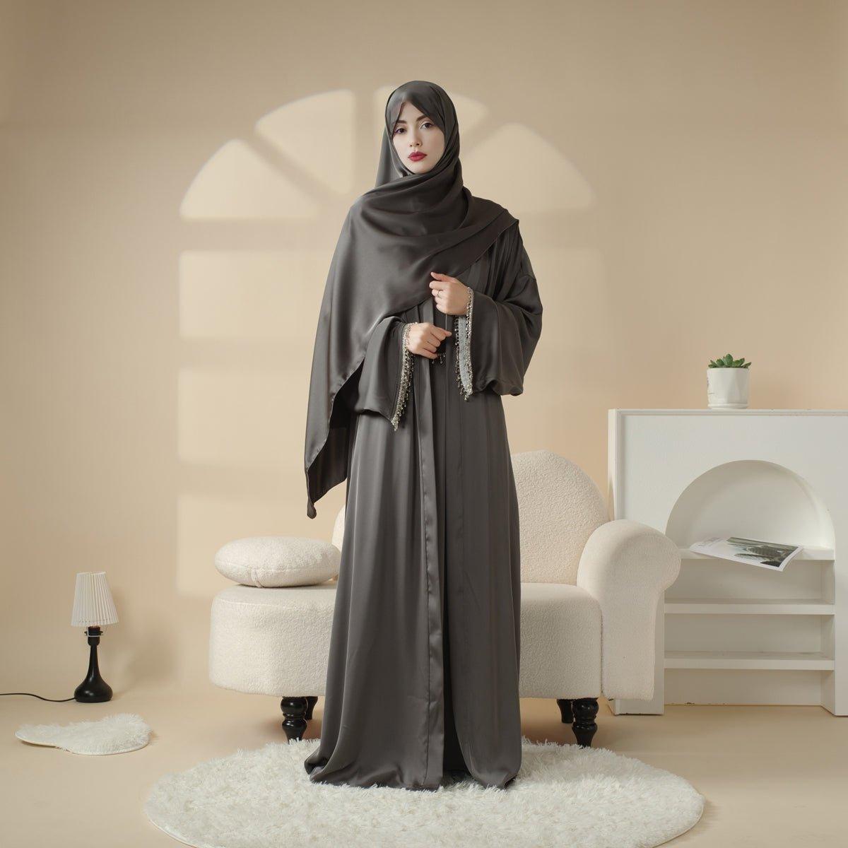 Satin Abaya With Matching Belt Made Of Diamond Tassel (MOA010) Mariam's Collection