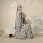 Olive Branch Embroidered Linen Abaya Set With Matching Belt & Hijab (MOA037) - SJB-DIAMOND ELITES