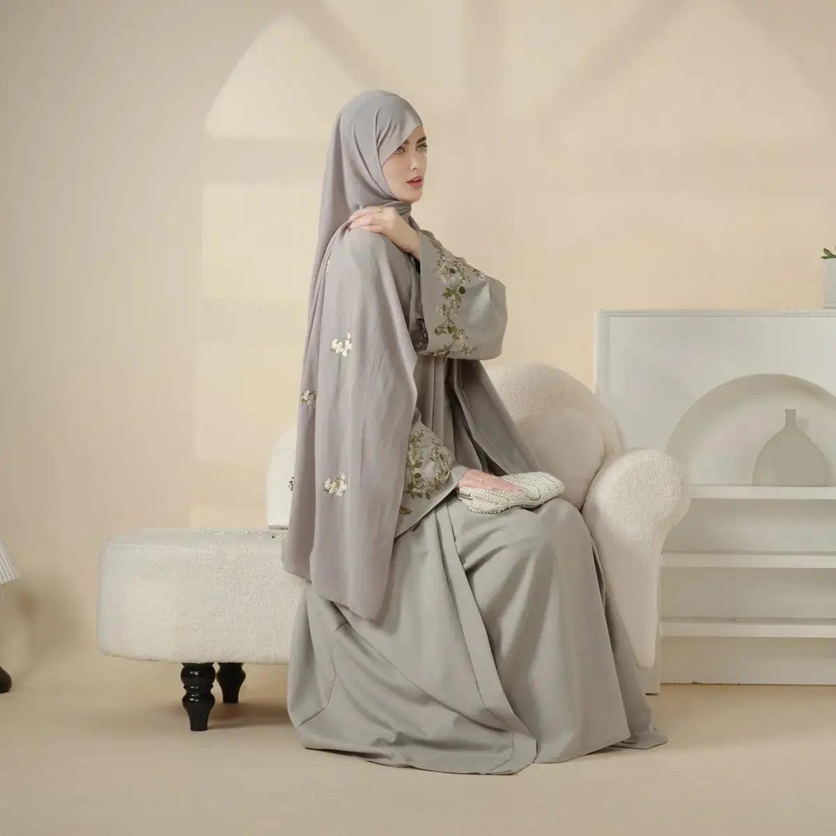 Olive Branch Embroidered Linen Abaya Set With Matching Belt & Hijab (MOA037) - SJB-DIAMOND ELITES