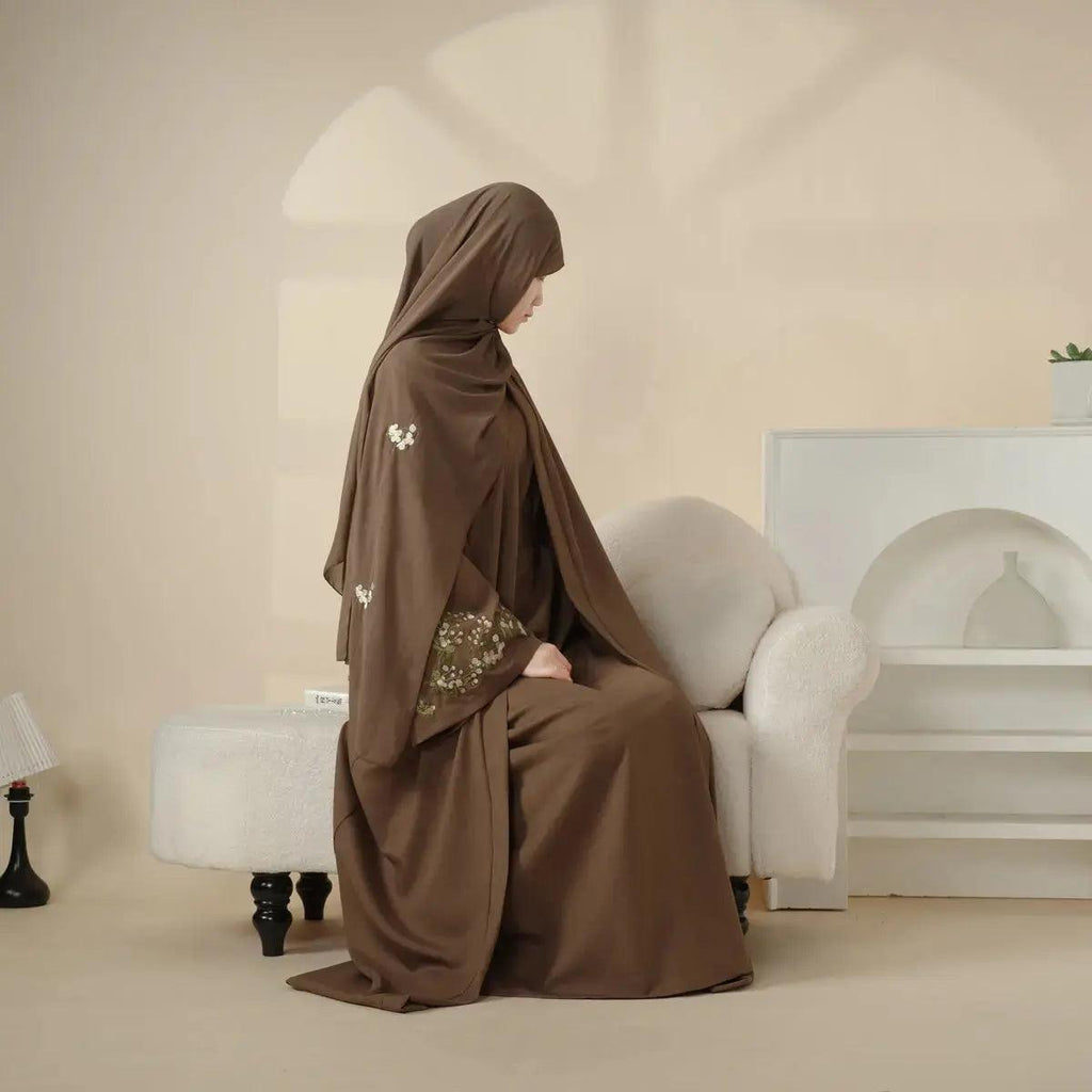Olive Branch Embroidered Linen Abaya Set With Matching Belt & Hijab (MOA037) - SJB-DIAMOND ELITES