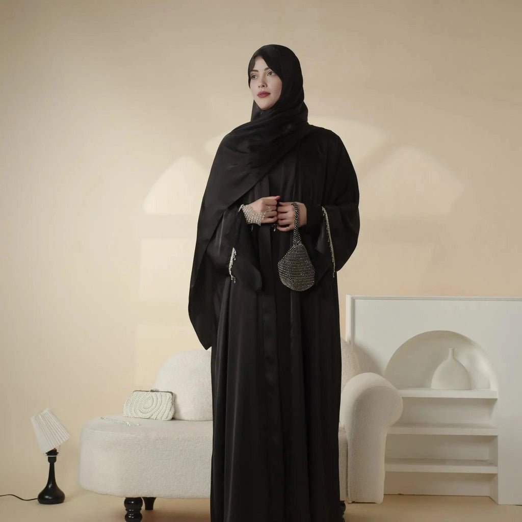 Luxury Satin Abaya With Diamond Tassels Belt,  6-Piece Set (MOA041) - SJB-DIAMOND ELITES