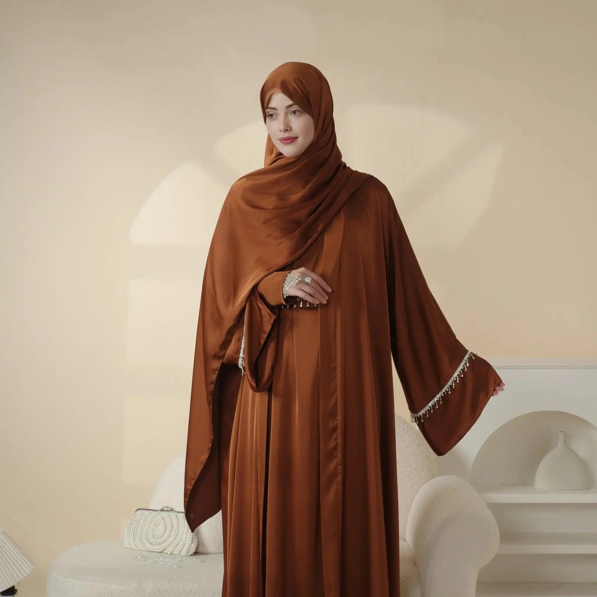 Luxury Satin Abaya With Diamond Tassels Belt,  6-Piece Set (MOA041) - SJB-DIAMOND ELITES