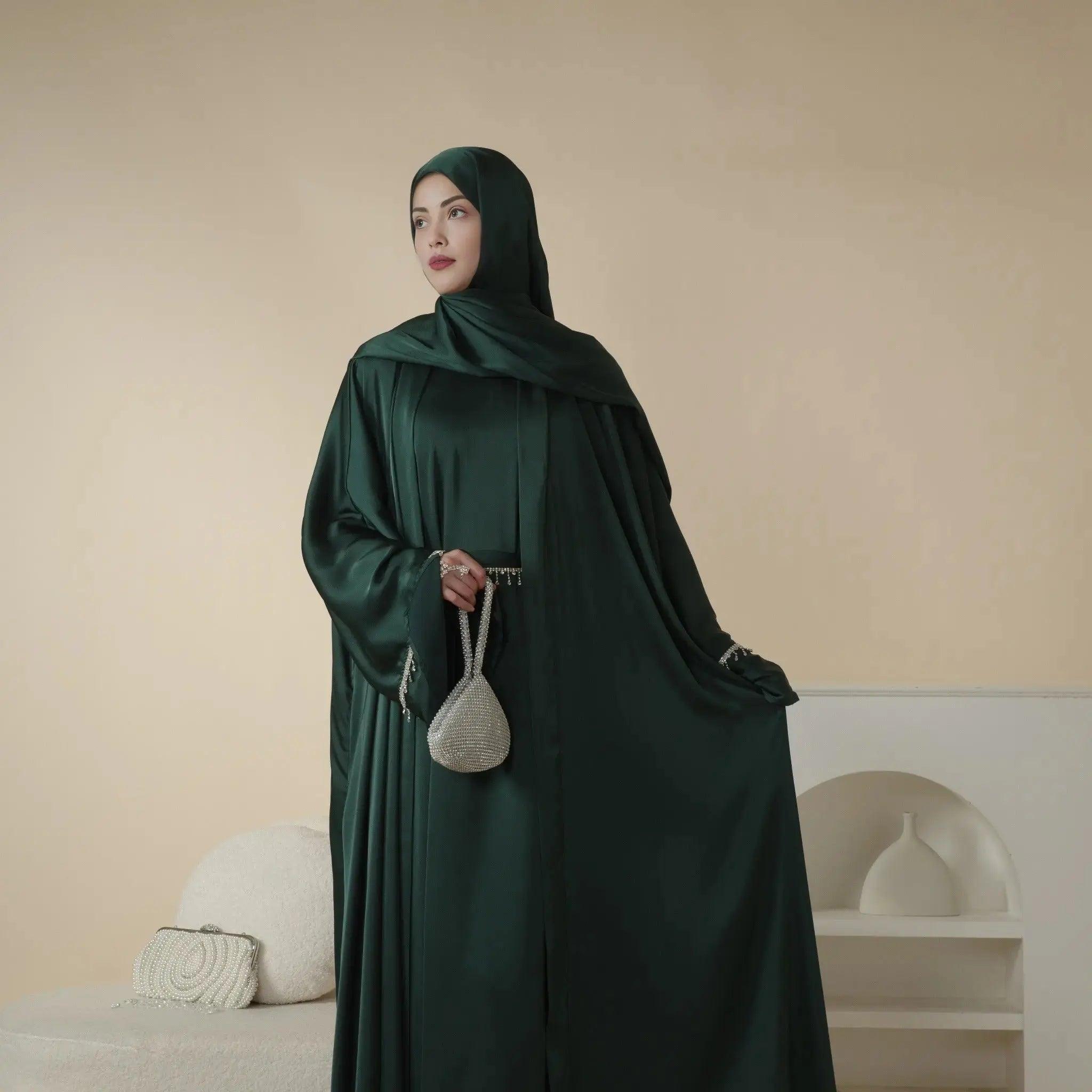 Luxury Satin Abaya With Diamond Tassels Belt,  6-Piece Set (MOA041) - SJB-DIAMOND ELITES