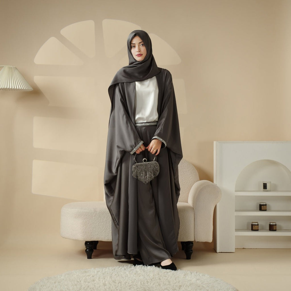 Abaya With Satin Shirt And Rhinestone Trousers | 4-Piece Set Abaya (MOA060) - SJB-DIAMOND ELITES