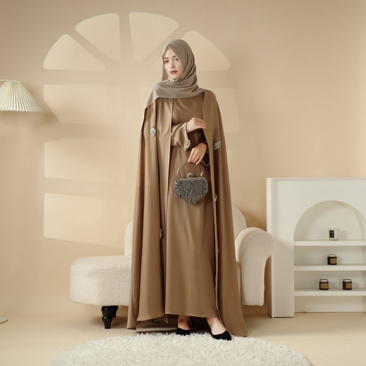 Cape Abaya, Haute Couture Heavy Rhinestone Abaya (MOA067) Mariam's Collection