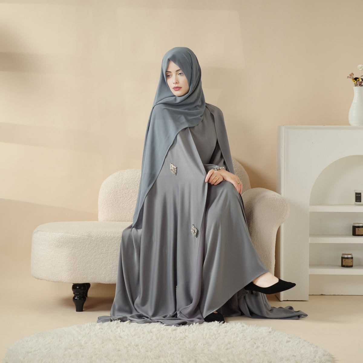 Cape Abaya, Haute Couture Heavy Rhinestone Abaya (MOA067) Mariam's Collection