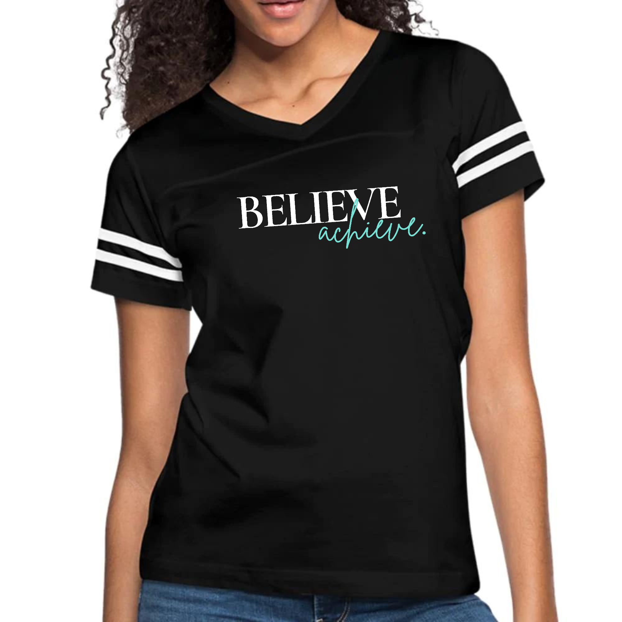 Womens Vintage Sport Graphic T-shirt - Believe and Achieve - SJB-DIAMOND ELITES