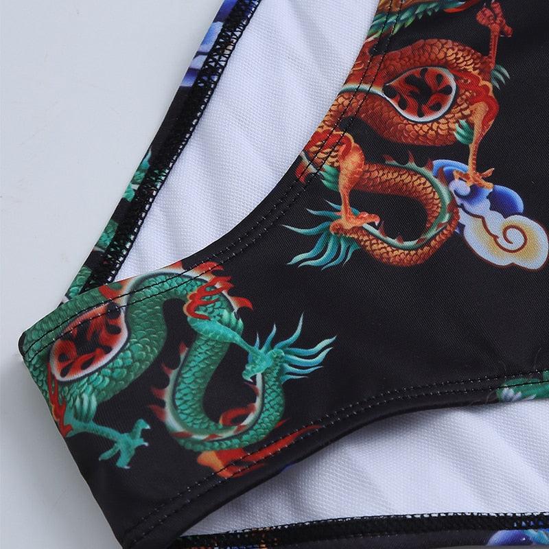 Modern Blue High Waist Bikini Push Up Swimwear Women Dragon Printed Bikini Set Retro Swimsuit Women's High Waist Bikini Swimsuits Twist Push Up Two Piece Bathing Suits Tummy Control Swimwear Stevvex